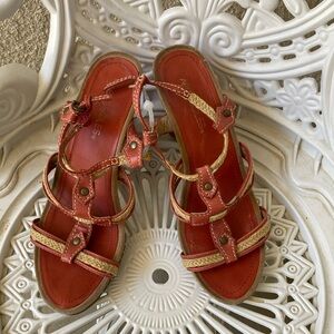 AEROSOLES Red and Gold Sandals with Intricate Strap Design